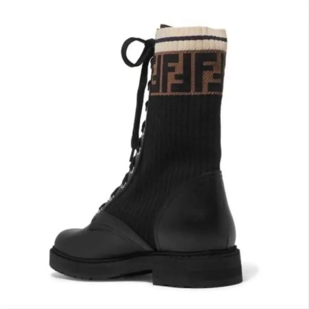 FENDI Rockoko FF logo jacquard stretch knit leather lace up biker boots